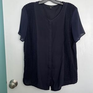 Navy button down with detailed panels